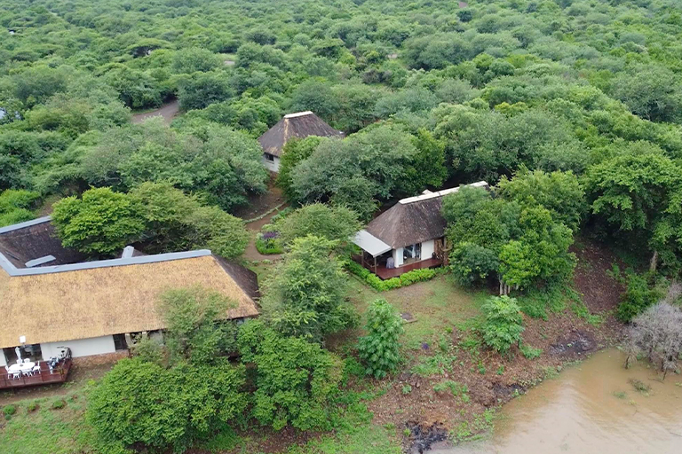 Aerial view of Ngwenya cottage at Inkwazi Lodge, Royal Jozini Private Game Reserve, Lake Jozini, Eswatini